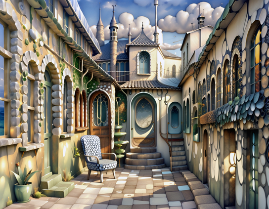 Sunlit mystical courtyard lined with doors of of unique and quirky establishments, enclosed by intricately patterned walls, with a cozy chair and planters in a dreamlike setting, with a castle in the background.