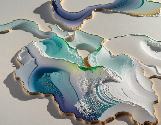 Sculptural abstract segments containing fluid pieces of ocean, with breaking waves in blue and teal tones outlined in gold on a neutral background.