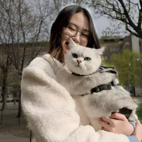 A fluffy white cat wearing a dark harness is being held outdoors in a park-like setting. The cat has bright gray-green eyes and a pink nose, with its distinctive silver-white coat standing out against a cream-colored fluffy jacket. The background shows early spring trees with budding leaves and apartment buildings visible in the distance. The scene is set in what appears to be an urban park area on an overcast day, capturing a moment of companionship between the cat and its owner.