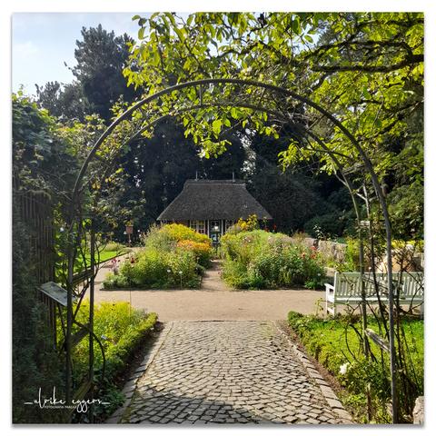 Das Foto zeigt einen Bauerngarten, in dem verschiedenste Arten von bunt blühenden Blumen und Kräutern wachsen. Die Beete sind in Reihen angeordnet und durch schmale Wege getrennt. Am Ende steht ein kleines, reetgedecktes Bauernhäuschen. Hinter dem Häuschen befinden sich hohe Laubbäume. Über dem gepflasterten Weg, der in den Garten hineinführt, ist ein Gartenbogen aus Metall angebracht, der gleichzeitig einen Rahmen um das Foto bildet.