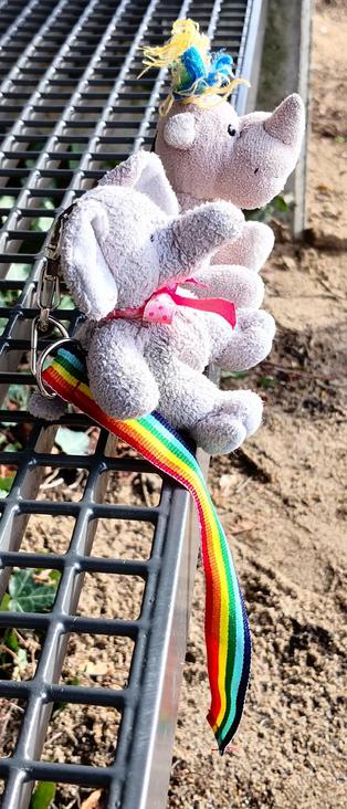 Elfi und Carola auf einer Pausenband, auf diesem Foto ist die Machart des Regenbogenbandes, besonders gut zu erkennen: Die beiden Laschen, die es zu einem frei verstellbaren Armband machen, sind in den Karabinerhaken, den sie an der Kopfschlaufe trägt, eingehängt.