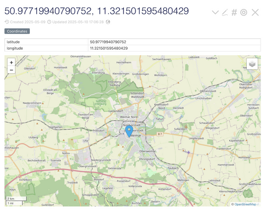 A screenshot of a TiddlyWiki page showing a map embed with corresponding latitude and longitude coordinates.