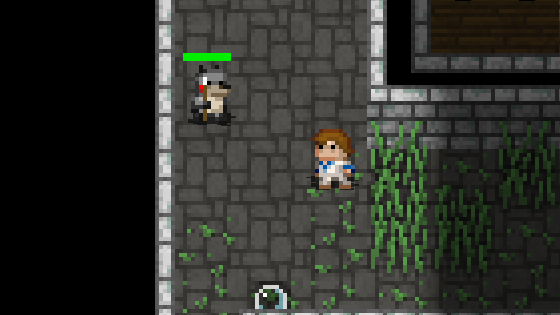 A screenshot showing the Cleric hero approaching a gnoll exile. The exile looks similar to a regular gnoll scout, but wields a spear and has grey fur.