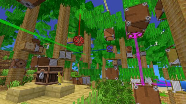 A little palm forest with lasers and mirrors winding around the trees. A wooden chest stands on the floor with a yellow parrot.