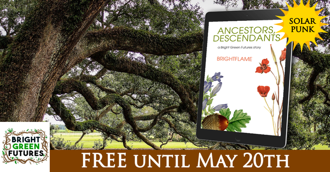 Brown trunk and green leaves on thick branches of a massive tree. Book cover in foreground has delicate flowers on white background.