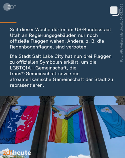 Seit dieser Woche dürfen im US-Bundesstaat Utah an Regierungsgebäuden nur noch offizielle Flaggen wegen. Andere, z.B. die Regenbogenflagge, sind verboten.
Die Stadt Salt Lake City hat nun drei Flagge. Zu offiziellen Symbolen erklärt, um die LQBTQIA+-Gemeinschaft, die trans*-Gemeinschaft sowie die afroamerikanische Gemeinschaft der Stadt zu repräsentieren.