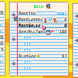 a menu screen: pixelart lined paper with mode names and cute stickers
