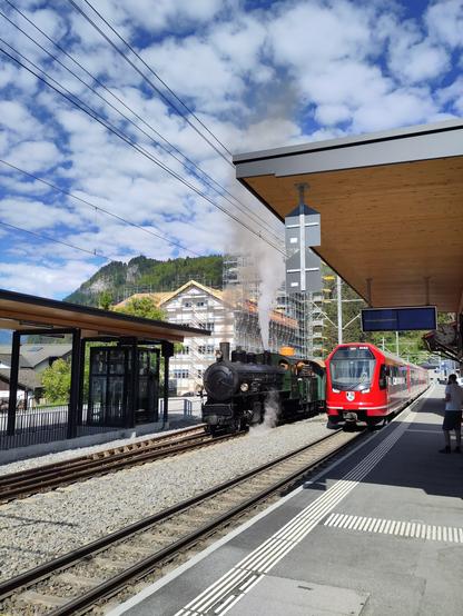 Foto. Zwei Züge im Bahnhof: ein Dampfzug und ein roter Triebzug.