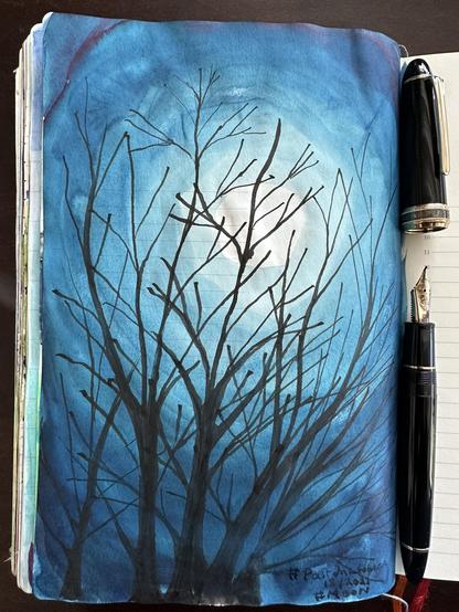 Sketch in sketchbook of the moon shining through some bare branches