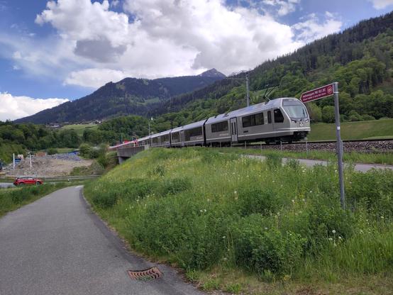 Foto. Ein silberner und roter Zug in Berglandschaft.