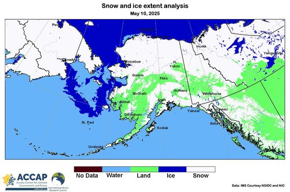 Map centered on Alaska showing the analysis valid May 10 of areas with snow cover (any amount), snow-free ground, sea and lake ice and open water on the ocean and lakes.