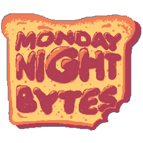 Monday Night Bytes text as jam on a slice of toast with a bite taken out of the lower left corner.