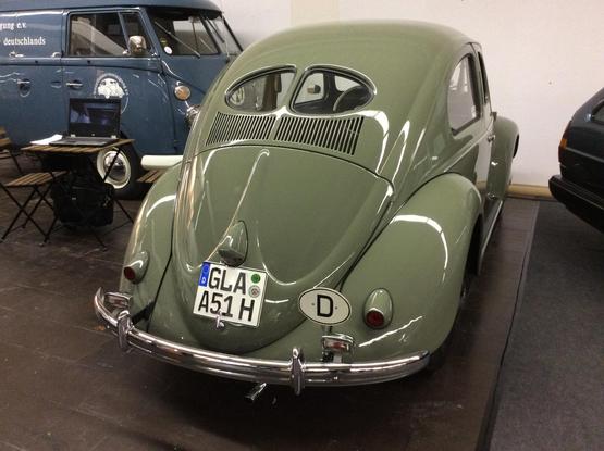 Olive green split rear screen Volkswagen Beetle, rear view