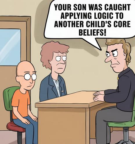 A cartoon of a parent sitting with their child being confronted by a teacher behind a desk. The teacher or headmaster is captioned as saying "Your son was caught applying Logic to another Child's core beliefs!"