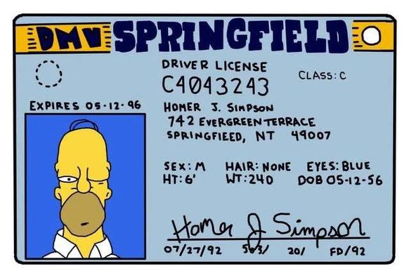 Cartoon driver's license, showing Homer J Simpson was born 1956-05-12
