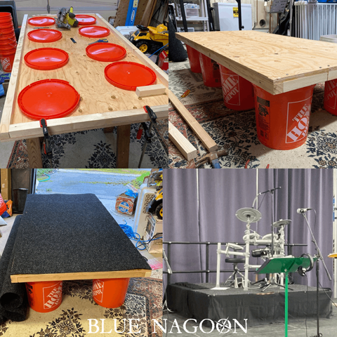 A collage of four photos showing the progression of a DIY drum riser project. Photo 1 shows bucket lids screwed onto the underside of a piece of plywood. Photo 2 shows the platform upright with the buckets attached as legs. Photo 3 shows the same platform with carpeting attached. Photo 4 shows the final riser in use on a stage with a skirt around the base to hide the buckets.