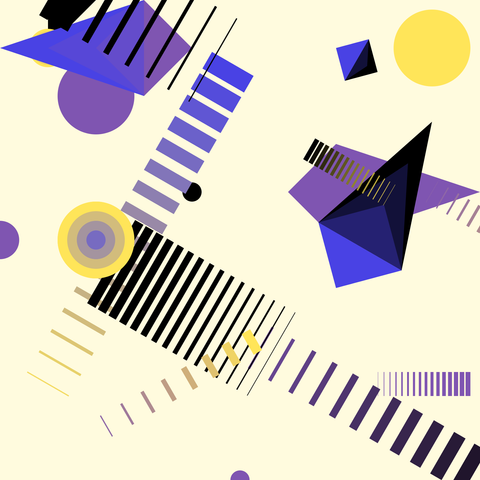 This image is a vibrant and abstract generative artwork featuring a variety of geometric shapes and patterns. It includes a mix of purple, yellow, and black elements such as circles, rectangles, and lines. The composition is dynamic, with overlapping shapes creating a sense of depth and movement. The use of bold colors and sharp lines gives the artwork a modern and energetic feel.