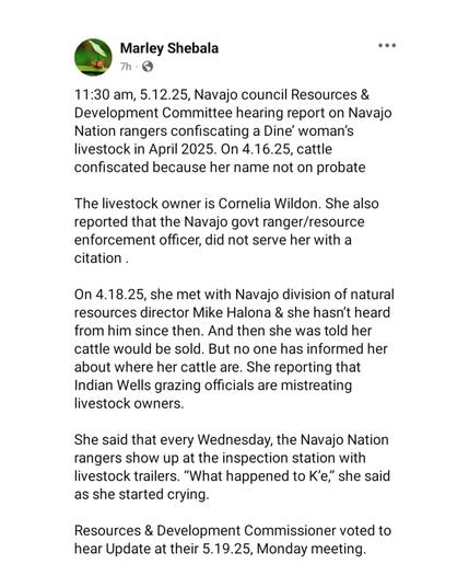 "11:30 am, 5.12.25, Navajo council Resources and Development Committee hearing report on Navajo Nation rangers confiscating a Diné woman’s livestock in April 2025. On 4.16.25, cattle confiscated because her name not on probate.

The livestock owner is Cornelia Wildon. She also reported that the Navajo government ranger/resource enforcement officer, did not serve her with a citation .

On 4.18.25, she met with Navajo division of natural resources director Mike Halona and she hasn’t heard from him since then. And then she was told her cattle would be sold. But no one has informed her about where her cattle are. She reported that Indian Wells grazing officials are mistreating livestock owners.

She said that every Wednesday, the Navajo Nation rangers show up at the inspection station with livestock trailers. “What happened to K’e,” she said as she started crying.

Resources and Development Commissioner voted to hear Update at their 5.19.25, Monday meeting."