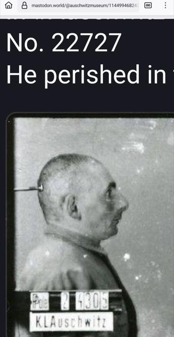 Zoomed in screenshot of https://mastodon.world/@auschwitzmuseum/114499468243713288

Visible text at the top:

No. 22727
He perished in

Below that a photo that clearly shows:

Pole 24305
K.L.Auschwitz