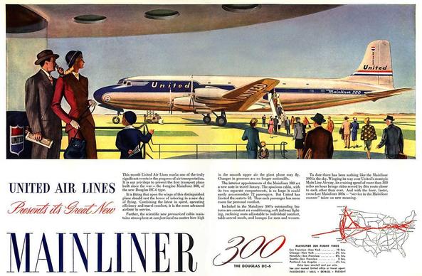 Passengers look on and board a 4 engine prop plane
