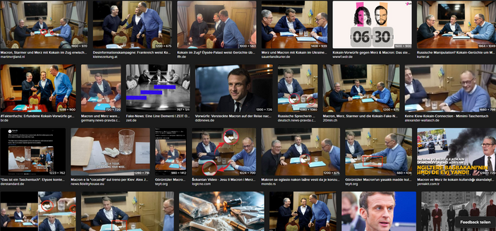 Screenshot 13.05.2025
Darum geht’s:

Am 09. Mai ist Bundeskanzler Friedrich Merz mit dem französischen Präsidenten Emmanuel Macron und dem britischen Premierminister Keir Starmer mit dem Zug nach Kiew gereist.
Videos und Fotos der drei Männer aus dem Zug verbreiten sich im Internet zusammen mit der Falschbehauptung, darauf sei ein Beutel mit Kokain und Konsumbesteck zu sehen.
Hochauflösende Fotos und Videos der Situation zeigen, dass es sich um ein Taschentuch und ein kleines Stäbchen handelt.
Bundeskanzler Friedrich Merz (CDU) und Frankreichs Präsident Emmanuel Macron fahren in der Nacht vom 09. Mai auf den 10. Mai gemeinsam mit dem britischen Premierminister Keir Starmer im Zug Richtung Kiew. Die Presse ist dabei, als die drei sich in einem Abteil treffen. ...

https://www.br.de/nachrichten/deutschland-welt/russland-ukraine-krieg-erfundene-kokain-vorwuerfe-gegen-macron-und-merz-ein-faktenfuchs,UkzN0Fu