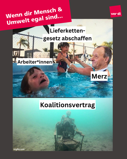 Meme: "Wenn dir Mensch & Umwelt egal sind..." Ein Bild, das eine Person, auf die Merz Kopf retouschiert ist, im Wasser zeigt, während ein Kind in einem Pool plantscht. Darüber die Worte "Lieferkettengesetz abschaffen"