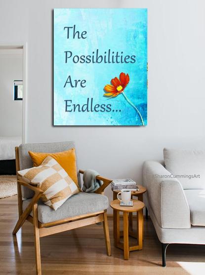 Blue watercolor with a red cosmos flower and the words The Possibilities Are Endless by artist Sharon Cummings.