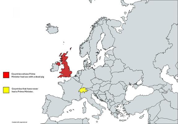 A map of Europe, as an outline, with Great Britain and Northern Ireland filled in in red, and Switzerland in Yellow. 

The key says that Red is "Countries whose Prime Minister has had sex with a dead pig", and the Yellow is "Countries who have never had a Prime Minister".