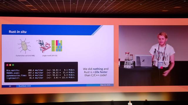 Picture shows Martin's slide, which shows that Rust sped up the research about 10 times.