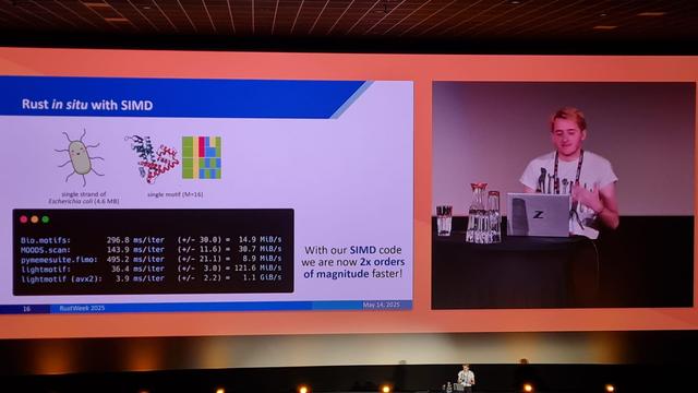 Picture shows a slide that says 'With our SIMD code we are now 2x orders of magnitude faster!"