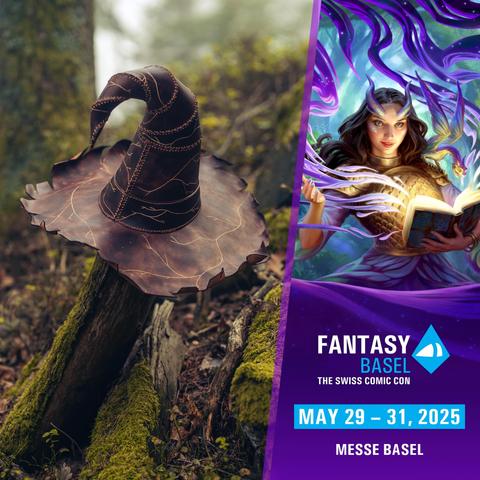 A leather brown witch hat on the left, logo of the Fantasy Basel on the right with dates (May 29-31 2025) in Messe Basel