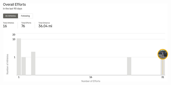 Screenshot showing a column chart representing the overall efforts for every athlete on Strava who has run this segment. I am currently the "Local Legend" with 31 efforts.  An anonymous column at 24 efforts represents my friend's efforts. There are other columns for 1 effort, 2 efforts, and 4 efforts.