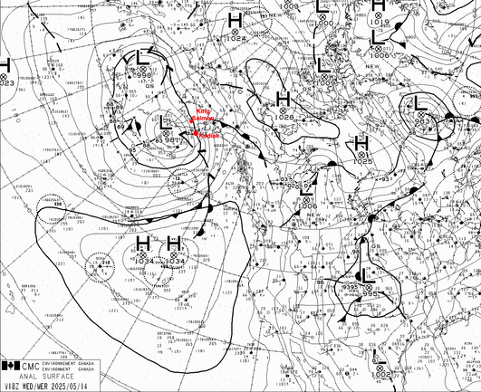 Weather analysis map valid at 1800 UTC (10am AKDT) of most of North America and the northeast Pacific Ocean showing a 981 hPa low pressure center just south of the Alaska Peninsula.
