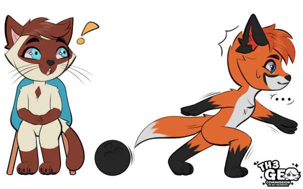 - Drawing Type:
Chibi Style / Flat Color / Fullbody

- [ 2 ] Character/s:
* Furry / Male / Cat
* Furry / Male / Fox

- Background:
Transparent

- Description:
Drawing of 1 cat sitting in a chair watching a fox bowling, but the bowling ball fails and go in reverse. The cat have brown colors and the fox have orange colors. There is a black bowling ball in the center of the drawing