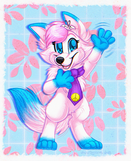 A chibi drawing of an anthropomorphic white and blue arctic fox, who is female. She has pink hair, and is wearing a purple tie with a yellow peace sign on it. She's looking at the viewer and waving, with a happy smile. The background is pink flower petals.