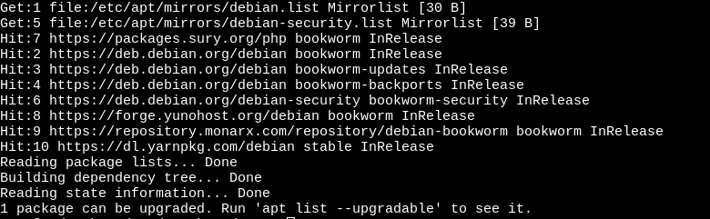 Reading package lists... Done                          
Building dependency tree... Done
Reading state information... Done
1 package can be upgraded. Run 'apt list --upgradable' to see it.