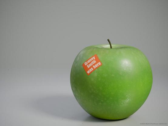 3d model of a Granny Smith apple with a label on saying "Granny Smith was here"