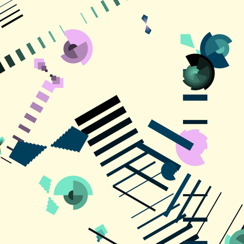 This image is an abstract generative artwork featuring a variety of geometric shapes and patterns. It includes a mix of colors such as purple, teal, and black. The composition is dynamic, with overlapping shapes creating a sense of depth and movement. The use of bold colors and sharp lines gives the artwork a modern and energetic feel.
