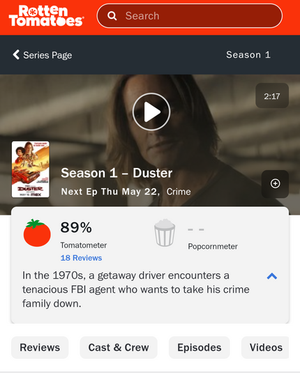 Screencap of the Rotten Tomatoes page for the new JJ Abrams crime thriller series Duster showing an 89% fresh 🍅 rating from 18 critics.