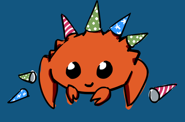 Ferris the rustacean, a cute smiling orange crab, with birthday party hats balanced on each of its spikes--the ones on the ends have toppled off and fallen on the floor.