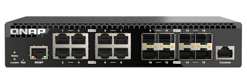 A picture of the QNAP QSW-M3216R-8S8T-US 10" network switch with ALL OF THE 10GbE PORTS.