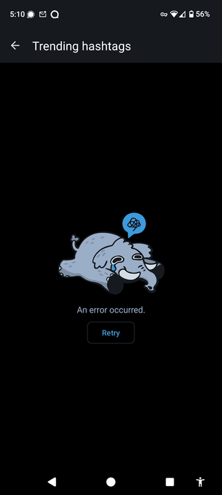 Tusky "fail elephant" screen because it couldn't load the trending hashtags page.