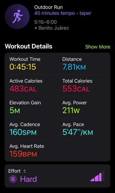 Apple Fitness screenshot showing my running workout stats