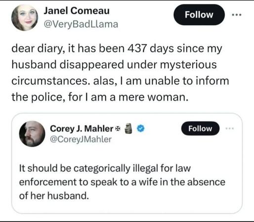 Original post: "It should be categorically illegal for law enforcement to speak to a wife in the absence of her husband"

Reply: "Dear diary, it has been 347 days disappeared under mysterious circumstances. Alas, I am unable to inform the police, for I am a mere woman"