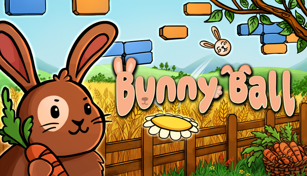 cute comic bunny in front of a field. big title reads "Bunny Ball"