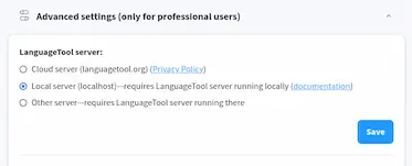 Screenshot from LanguageTool's Firefox add-on showing the “Advanced settings” section where you can choose a local server instead of the cloud one.