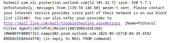 A text from a rejected e-mail from MS Outlook, explaining that the sender mail provider has been blocked by MS.