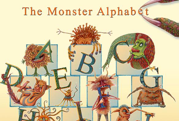 Set against a golden graduated background, a series of stacked blocks, with a strange assortment of monsters standing or sitting on them. Some are sleeping, some are glaring, most are smiling (in a monster kind of way). Each is holding his/her favorite letter of the alphabet. Also in a cool palette.