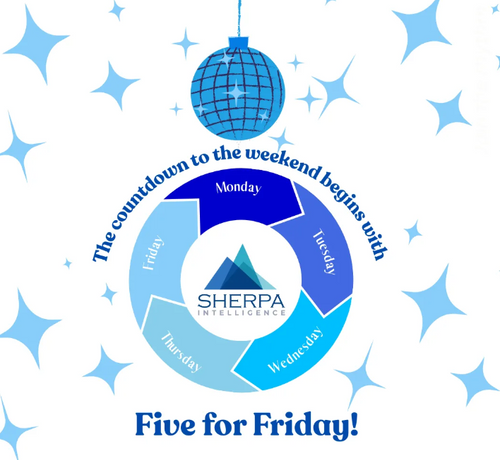 Blue cartoon disco ball and blue cartoon stars on a white background with the words "the countdown to the weekend begins with Five for Friday" which is curved around a circle with the Sherpa Intelligence logo and the days of the week, Monday through Friday.