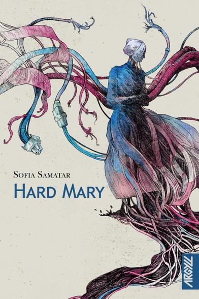 Couverture de Hard Mary, par Sofia Samatar, publiée chez Argyll, avec une illustration d'Anouck Faure qui continue de faire des merveilles pour les couvertures de cette collection de novellas.

On y voir une silhouette de femme dans un habit traditionnel, robe bleu et petit bonnet blanc sur la tête. Les plis de la robe se change en fils et autres branchements électroniques pour se déployer sur le reste de la couverture.